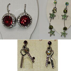 Lot of 9 NEW Dangling Faux Ruby Solitaire, Emerald Stars and Ruby Key Earrings